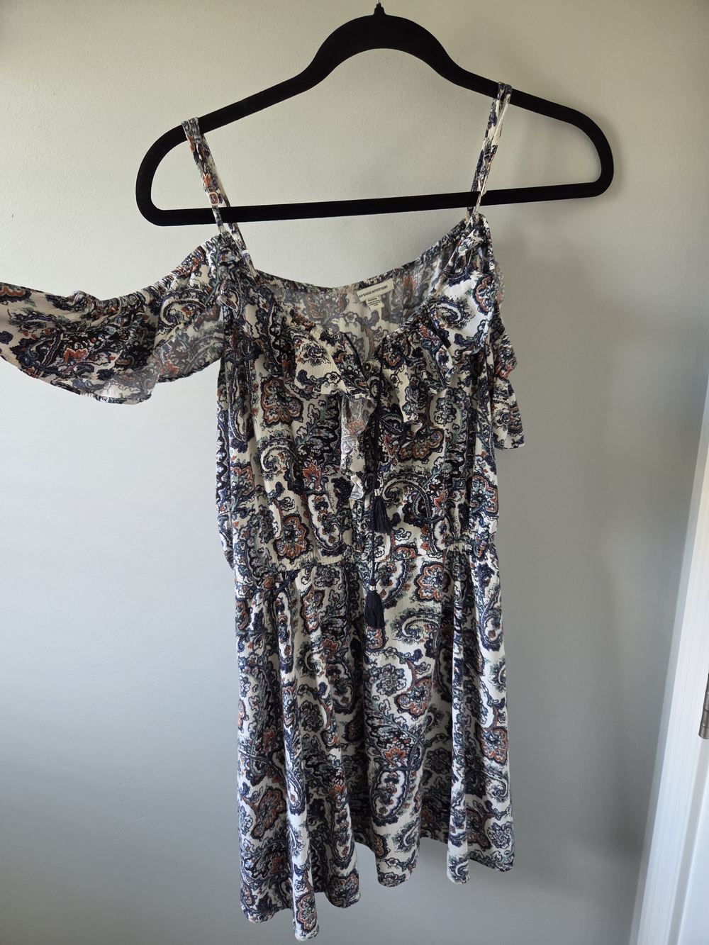 American Eagle Outfitters Navy, Cream and Rust Paisley Off-Shoulder Mini Dress
